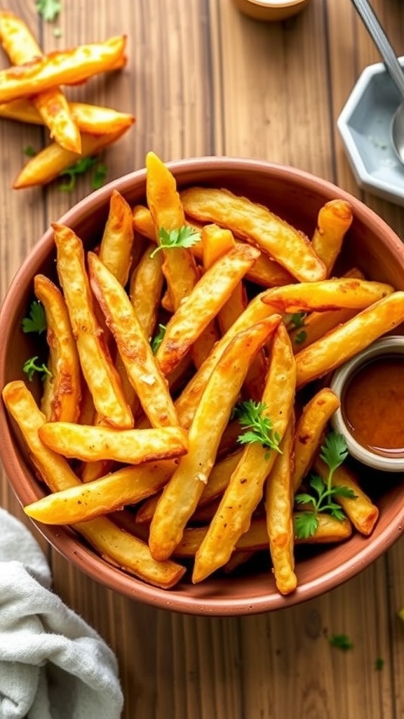 Crispy jicama fries served in a bowl with dipping sauce on a wooden table.